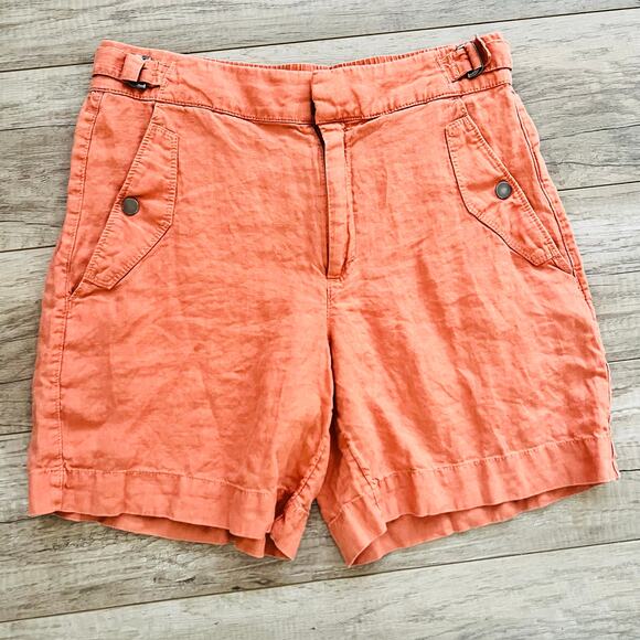 Athleta Voyager 100% Linen Shorts Orange Coral 6 Natural Fabric Travel Pockets - Picture 1 of 8